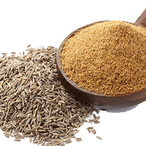 A wooden spoon filled with ground cumin powder next to a pile of whole cumin seeds.