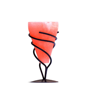 Large square pink salt slab displayed on wrought iron stand