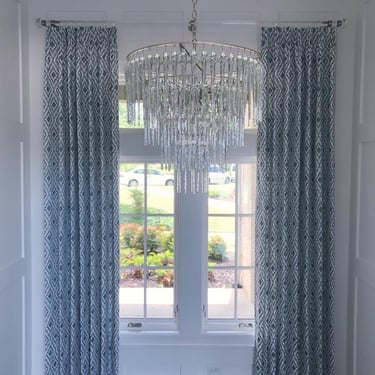 Custom French Pleated Drapery on Custom Acrylic rod. Fabricut Fabric