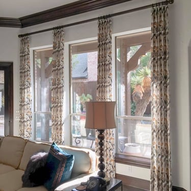 Custom French Pleated drapery panels Fabricut Fabric custom hardware