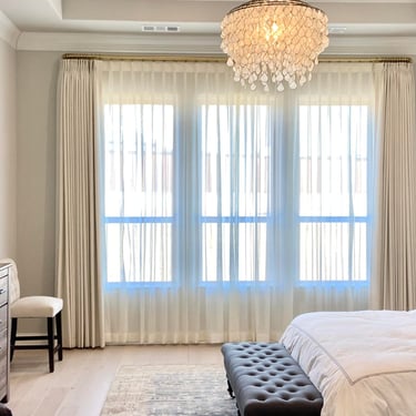 French pleated drapery Curtain panels with sheers. custom double french return hardware, Kasmir Fabric