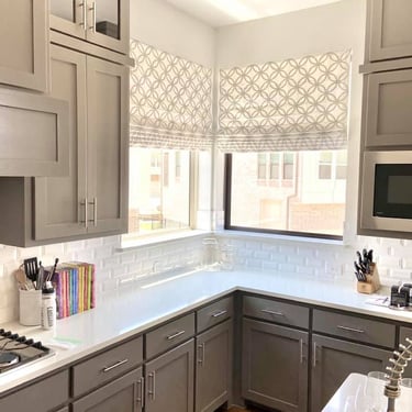 Flat Roman Shades with patterned designer fabric.