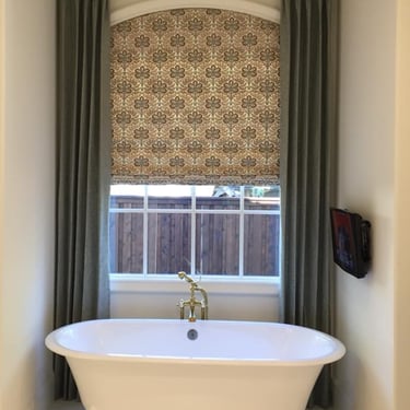 Custom Romans Shade with shaped top Motorized. Custom French Pleated Drapery