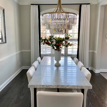 Custom French Pleated Drapery with Blalck accent band on leading edge. Custom Black Hardware with acrylic finials Kasmir Fab