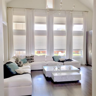 Custom White French Pleated Drapery with white roman shades kasmir Fabric