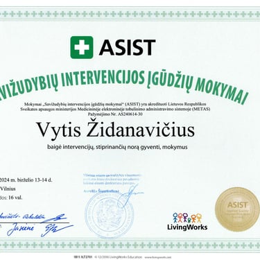 Vyčio Židanavičiaus kvalifikacijos kėlimo sertifikatas (ASIST mokymai)