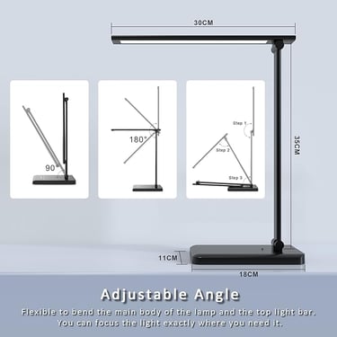 a desk lamp with a black base and a white background