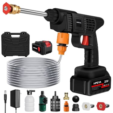 A portable 21V cordless pressure washer kit with battery, hose, nozzle tips, and carrying case for car cleaning.