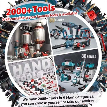 A variety of cordless power tools and hand tool sets from the 89 and 86 series including drills, saws, and grinders.