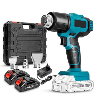 A cordless 21V heat gun kit with rechargeable batteries, charger, nozzles, and a black carrying case.