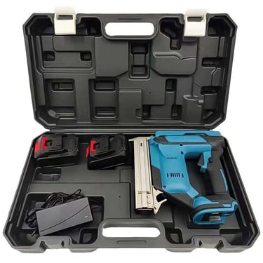 Cordless electric brad nailer kit with two rechargeable batteries and charger in a black hard carry case.
