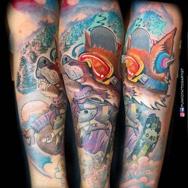 tatuaje de zorro haciendo snowboard
