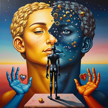 Pintura surrealista de dos medias caras de un hombre y una mujer