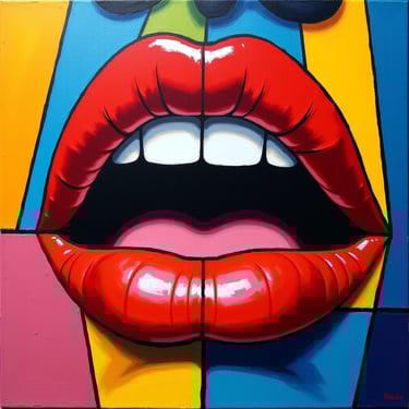 Boca de una mujer en un cuadro pop, cubista con colores vivos