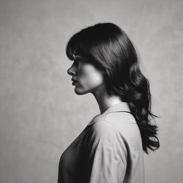 A ballet dancer is captured from behind, standing on pointe. She wears a black leotard with lace detailing on the back and a flowing white tulle skirt. Her hair is styled in a neat bun, and she is poised gracefully in a minimalist, light-filled space.