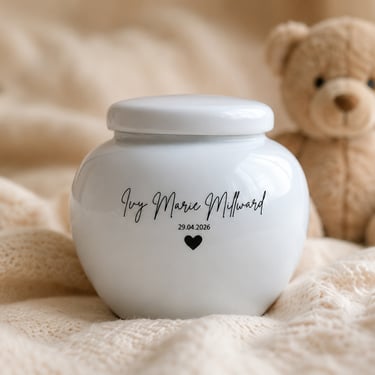 Luxury small baby urn for ashes in white ceramic personalised with name and date