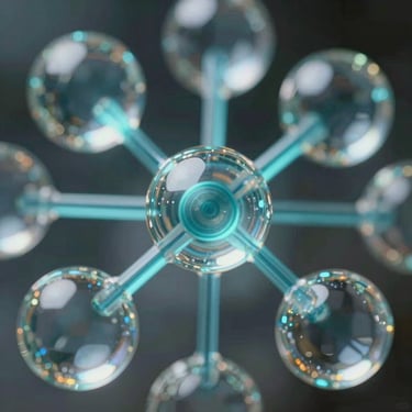 Macro crop of complex digital geometry showing multi-layered glassmorphic nodes connected by razor-sharp cyan vector pathways.
