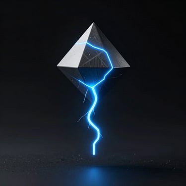 Isometric view of a single sharp 3D geometric node with a glowing electric blue vector path extending downwards, set against absolute black.