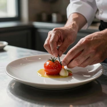 Macro close-up of chef hands plating a delicate heirloom tomato dish in a dimly lit restaurant kitchen, soft window light, high contrast shadows