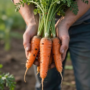 Close-up of soil-covered hands holding freshly harvested heritage carrots in morning field light, soft shadows