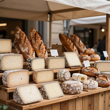 A beautifully arranged wooden stall at a boutique food market, artisanal cheeses and fresh sourdough loaves under soft canopy light