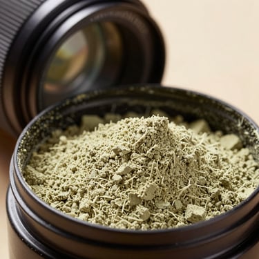 Close-up of clean plant-derived powder and sleek dark container, natural side-lighting