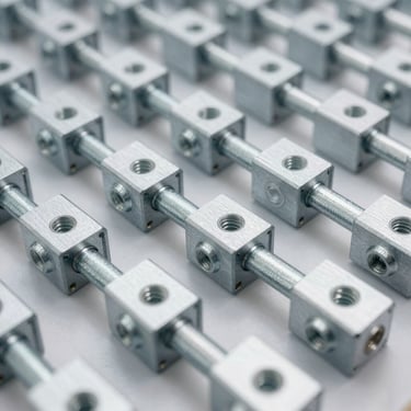Close-up of interlocking modular joints in a modern workspace showroom, raw aluminum and steel connectors, bright studio lighting.
