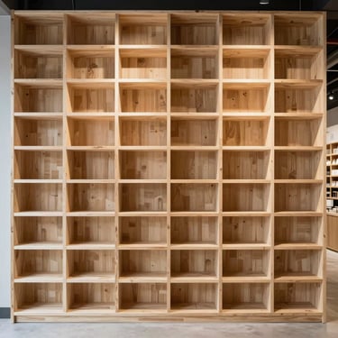 Straight-on architectural elevation of a boutique bookstore, floor-to-ceiling modular timber shelving, zero deflection under heavy load.