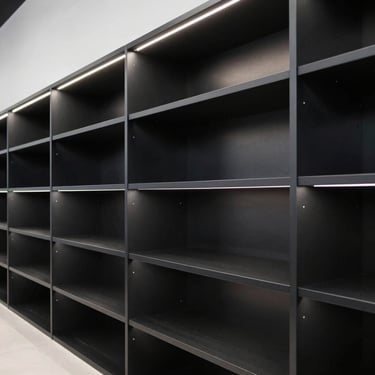 Crisp architectural photograph of a flagship apparel store, modular black aluminum shelving units with integrated LED lighting, sharp focus.