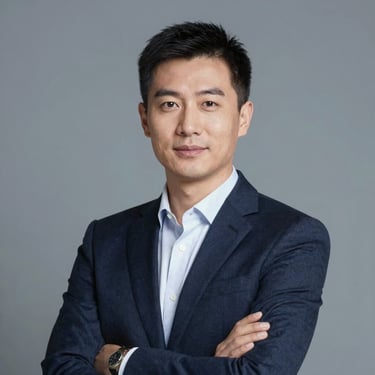 Portrait of a professional business owner looking confident and controlled. Soft lighting, neutral background with #2F5B8B tones.