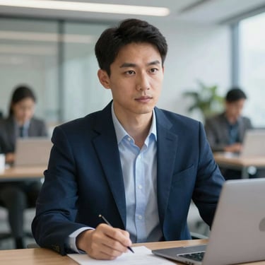 Portrait of a focused professional in a modern office, representing reliability and expertise. Palette uses #0F1E3D.