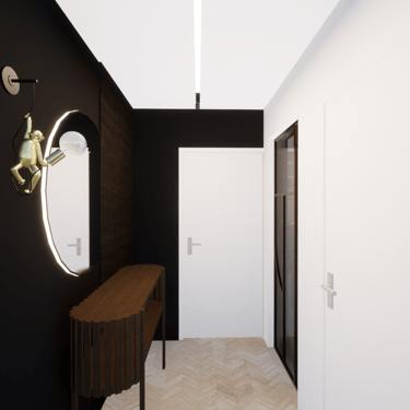 Vue d'un couloir avec un mur noir, un miroir rond et une applique murale après projet