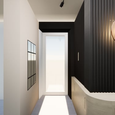 mage après transformation de l'espace d'entrée avec un mobilier sur mesure noir et bois