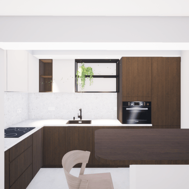 Photo du projet de transformation à Knokke vue de la cuisine en noyer et terrazzo beige