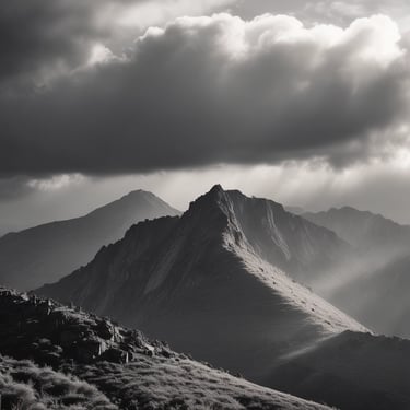 Black and white Stormy mountains.