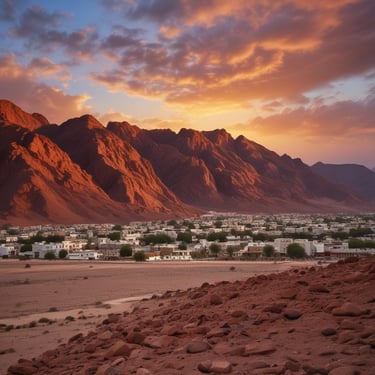 Red mountains behind a small city.