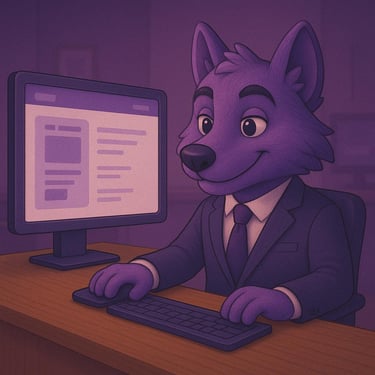 Illustration d’un loup violet en costume travaillant sur un ordinateur, symbolisant la rédaction de