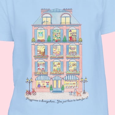 womens-graphic-tees-with-cute-house-and-happiness-quote; Blue-t-shirt-with-cute-french-building-and-happy-quote