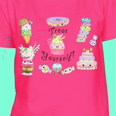 pink-graphic-tee-girl-t-shirt-with-treat-yourself-positive-quote; cute-tshirts-with-kawaii-food-on-hot-pink-cotton-tshirt