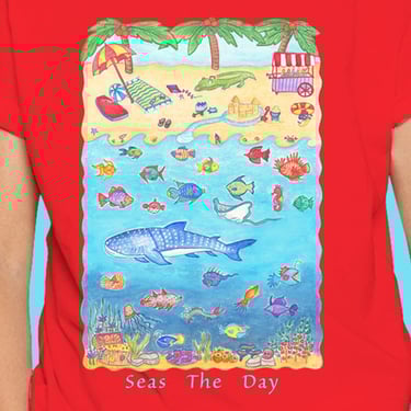 red-colour-beach-tee-shirts-with-whale-shark-for children; t-shirt-with-shark-for-kids
