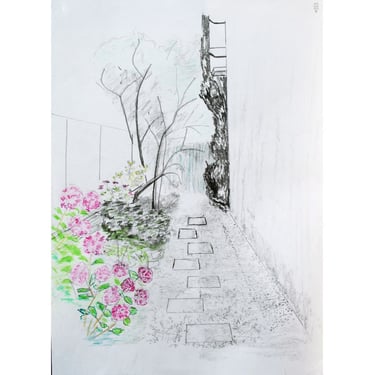 allée à l'ombre avec des pas japonais et hortensias