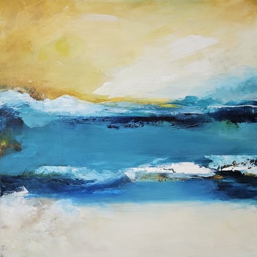 Abstract ocean painting with blue waves, a sandy beach, and a golden yellow sunset sky.