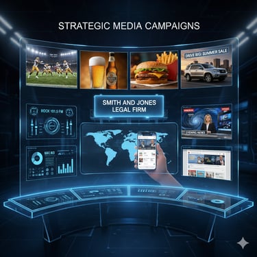 a hand holding a cell phone in front of a large screen of media platforms.