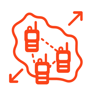 Icono de radios formando una red sobre un terreno amplio, simbolizando expansión de señal sin repeti