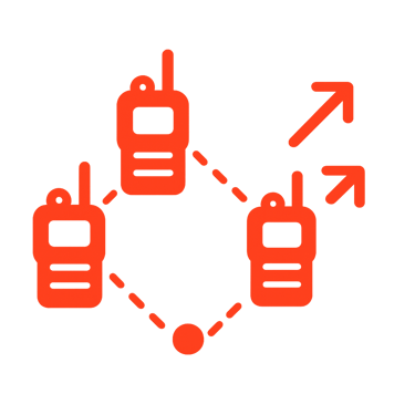 Icono de radios conectados con flechas de crecimiento, indicando que la red MESH puede ampliarse seg
