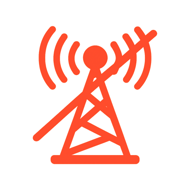 Icono de antena de señal con línea transversal, representando ausencia de torres o infraestructura t