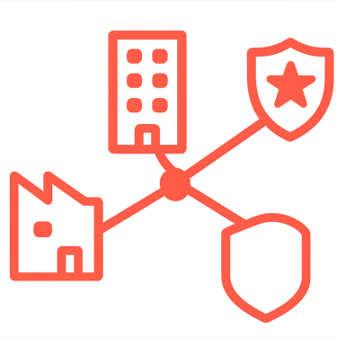 Icono de edificios industriales, corporativos y de seguridad conectados por líneas, representando i