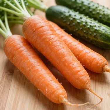 Crisp macro shot of clean, freshly harvested orange carrots and cucumbers on a wooden surface, bright natural light.