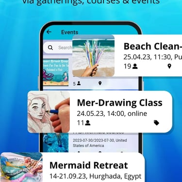 a mobile screenshot of the different events being hosted on MerMapp's event calendar for gatherings, courses and other events