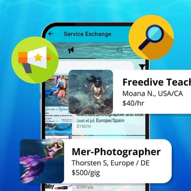 a mobile screenshot of the different services being offered on MerMapp by ocean related professionals to find new clients